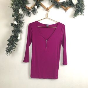 Express Purple Plum Zipper Front 3/4 Sleeve Top